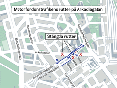 Karta över rutterna. Motorfordonstrafiken är avstängd på Arkadiagatan vid Naturhistoriska museet och Lilla parlamentet
