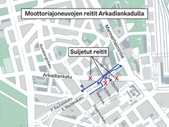 Kartta reiteistä. Moottoriajoneuvojen yhteydet ovat suljettuna Arkadiankadulla Luonnontieteellisen museon ja Pikkuparlamentin kohdalla.