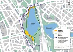 Kartta pyöräilyn ja jalankulun reiteistä Töölönlahdella. Pyöräily siirtyy Mannerheimintielle ja Helsinginkadulle, kun Hesperianpuiston kunnostus Töölönlahden länsipuolella käynnistyy.