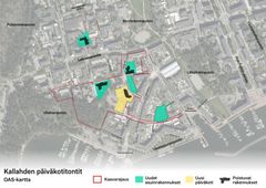 Uusi päiväkoti, uudet asuinrakennukset ja purettavat rakennukset merkittynä karttaan.