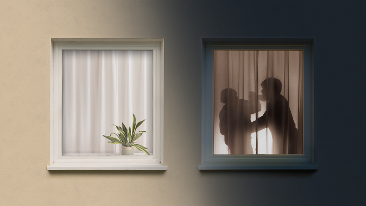 Kaksi vierekkäistä ikkunaa, joissa toisessa on verhot kiinni ja toisessa ikkunassa näkyy verhojen takaa kaksi riitelevää hahmoa.