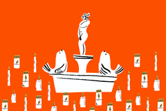 Piirretty kuva Havis Amandan patsaasta kynttilöiden ympäröimänä.