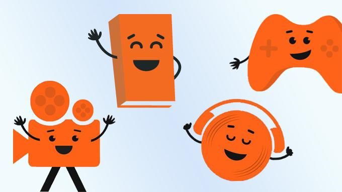 Neljä Helmet-haasteperheen iloista oranssia tunnuskuvaa: kirja, projektori, peliohjain ja äänilevy.