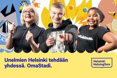 Valokuva ihmisistä ja markkinointitekstiä.