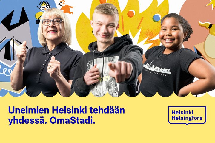Ihmisiä ja markkinointitekstiä.