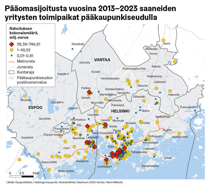 Kartalla pääomasijoitusta vuosina 2013-2023 saaneiden yritysten toimipaikat pääkaupunkiseudulla