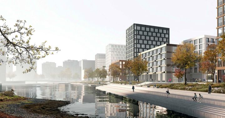 Sörnäistenrannan kaavaratkaisu mahdollistaa uutta kaupunkitilaa Suvilahden rantaan. Havainnekuva Suvilahdenpromenadilta kohti etelää.
