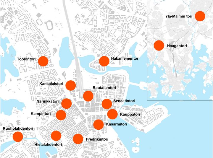 Torien masterplan -visiotyö käsittää 13 toria ja lisäksi myöhemmin suunnitelmiin lisätyn Ruoholahdentorin.