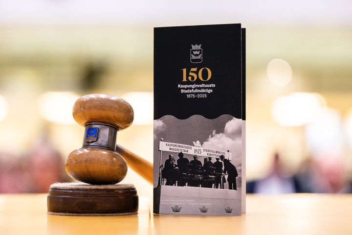 Valtuuston puheenjohtajan nuija sekä juhlavuoden esite.