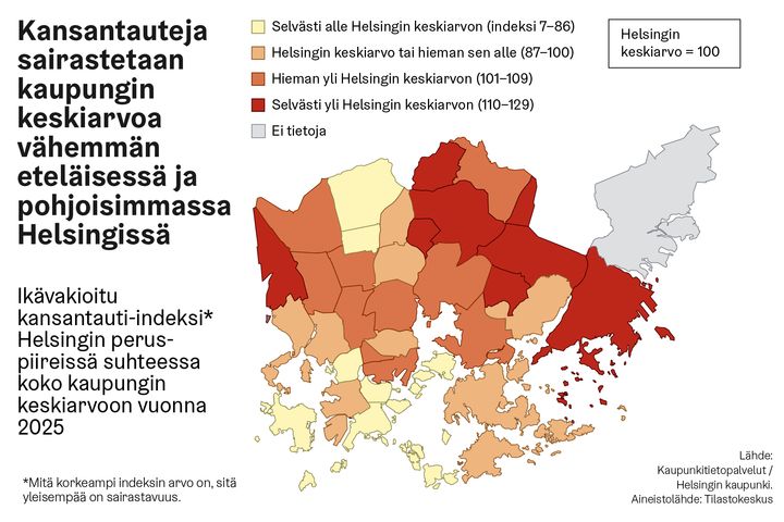 Karttakuvassa esitetty kansantautien esiintyvyys Helsingin eri alueilla