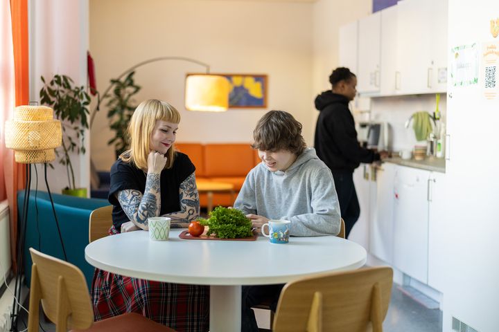 Ungdomsarbetare sitter och pratar med en ung person vid ett bord.