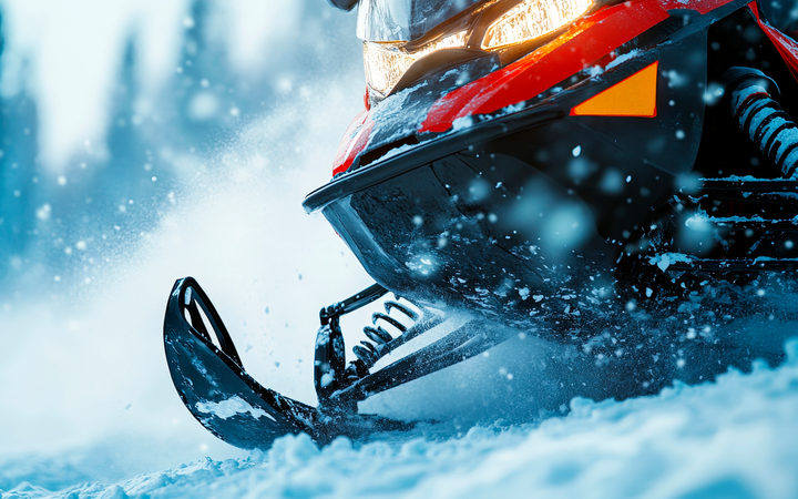 Moottorikelkka liikkeessä lumisessa maastossa.