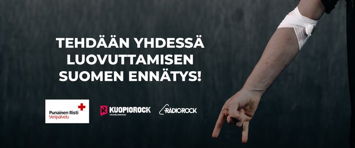 Kuopiorockin ja Veripalvelun mainos, jossa näkyy sidoskäsi.