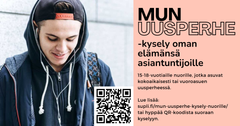 Nuori henkilö katsoo alaspäin ja hymyilee. Teksti: "MUN UUSPERHE -kysely oman elämänsä asiantuntijoille. 15-18-vuotiaille nuorille, jotka asuvat kokopäiväisesti tai vuoroasuen uusperheessä. Lue lisää: supli.fi/mun-uusperhe-kysely-nuorille/ tai hyppää QR-koodista suoraan kyselyyn."