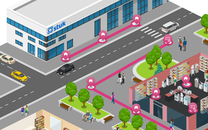 Screenshot from the learning game. Street view with the STUK office and a beauty salon across the street.