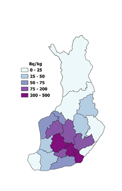 Sienten Cs-137-aktiivisuuspitoisuuksien mediaani maakunnittain