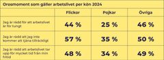 Orosmoment som gäller arbetslivet per kön 2024