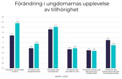 Förändring i ungdomarnas upplevelse av tillhörighet. Decimaltalen i tabellen anger medelvärdet av svaren på skalan 1–5, där 5 = helt av samma åsikt.