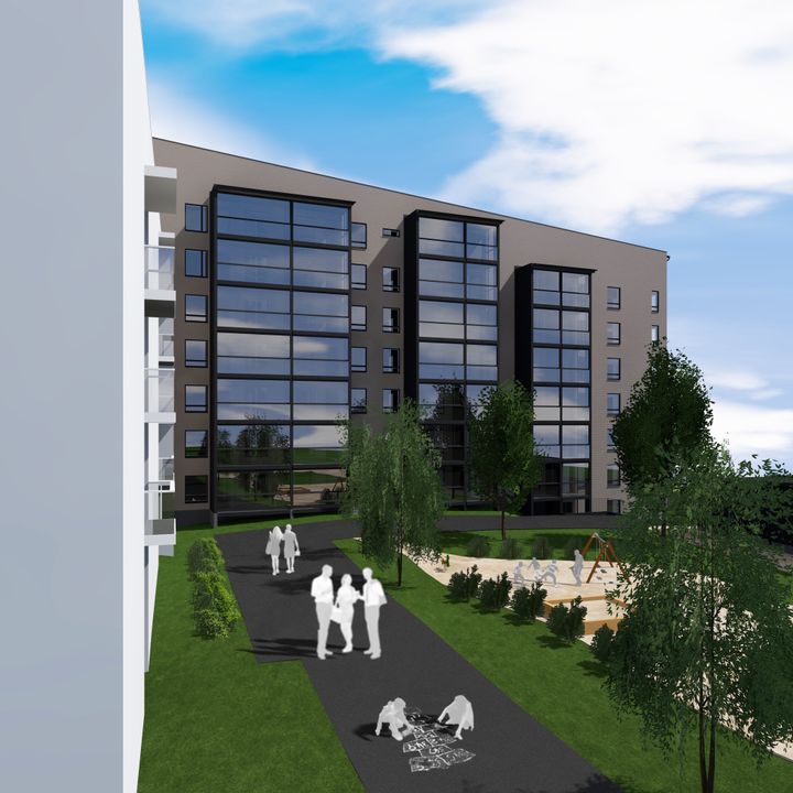 Kuvassa on Tampereen Nyörin kiinteistön ja sen pihapiirin havainnekuva.