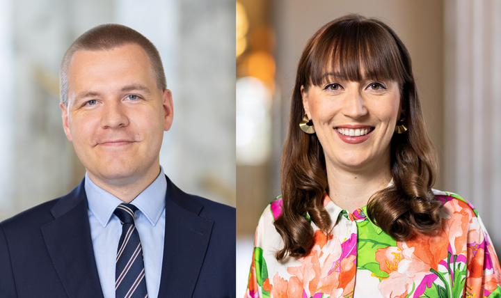 Kansanedustajat Eemeli Peltonen ja Eveliina Heinäluoma kuvakollaasissa