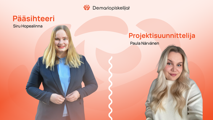 Demariopiskelijoiden uusi pääsihteeri Siru Hopealinna ja uusi projektisuunnittelija Paula Närvänen.
