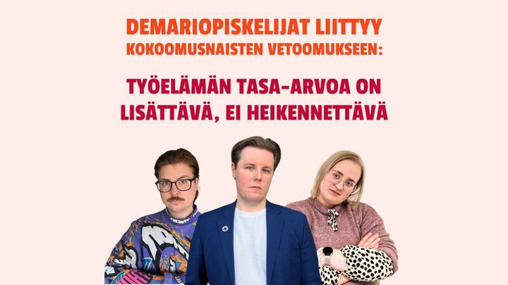 Demariopiskelijat liittyy Kokoomusnaisten vetoomukseen - työelämän tasa-arvoa on lisättävä, ei heikennettävä. Kuvassa vasemmalta oikealle Samuli Sundell (1. varapuheenjohtaja), Miku Kuuskorpi (Demariopiskelijoiden puheenjohtaja), Jasmin Närhi (2. varapuheenjohtaja).