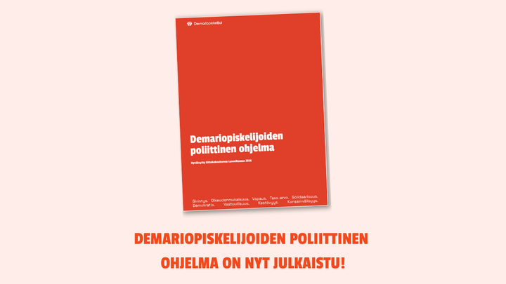 Demariopiskelijoiden uusi poliittinen ohjelma on julkaistu! Kuvassa poliittisen ohjelman kansi ja teksti.