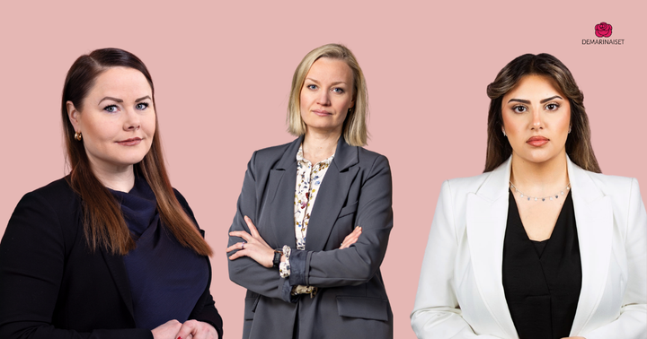 Demarinaisten 2. varapuheenjohtaja Miina-Anniina Heiskanen, Demarinaisten puheenjohtaja Helena Marttila ja Demarinaisten 1. varapuheenjohtaja Tawar Salari