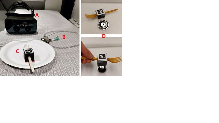 The augmentation technology used in the study: (A) Varjo XR-3 extended reality headset for visual augmentation. (B) An olfactory necklace display for adding scent. (C) A fork equipped with a QR code marker that was tracked to align the visual experience. (D) An electromagnetic actuator embedded in the tabletop that adjusted the perceived weight of the food through magnetic interaction with the fork.