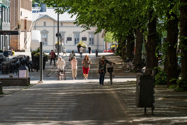Neljä ihmistä kävelee puiden varjostamalla jalkakäytävällä aurinkoisena päivänä. Yhdellä on rollaattori ja yksi taluttaa pyörää.