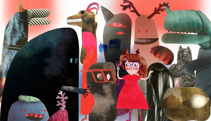 Satu Kettunen: Mörköjuhlat (Monsterfest), 2019, digitalt kollage och  blandteknik.