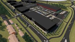 En visualiseringsbild av ett nytt affärs- och serviceområde med flera stora tomter och byggnader planerade för affärslokaler. Området har omfattande parkeringsytor, tydliga interna trafikarrangemang och en direkt anslutning till den intilliggande huvudleden. Runt byggnaderna finns utrymme för kundtrafik, logistik och eventuell utbyggnad. I förgrunden syns bostadsområden och i bakgrunden grönområden.