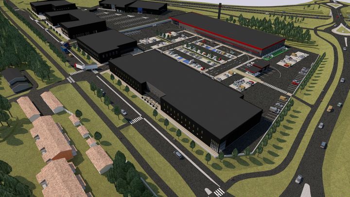 En visualiseringsbild av ett nytt affärs- och serviceområde med flera stora tomter och byggnader planerade för affärslokaler. Området har omfattande parkeringsytor, tydliga interna trafikarrangemang och en direkt anslutning till den intilliggande huvudleden. Runt byggnaderna finns utrymme för kundtrafik, logistik och eventuell utbyggnad. I förgrunden syns bostadsområden och i bakgrunden grönområden.