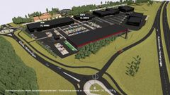 Illustration av en stadsplan med flera byggnader i ett område med vägar runtomkring.