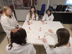 Sjätteklassarna Mai Hannula, Noora Ekholm, Laura Ekholm och Dang Phuc i Variskan yhtenäiskoulu fick testa arbetsmetoderna i STEAM-klassen, som att utforska experimentell kemi, under ledning av läraren Aino Norja.