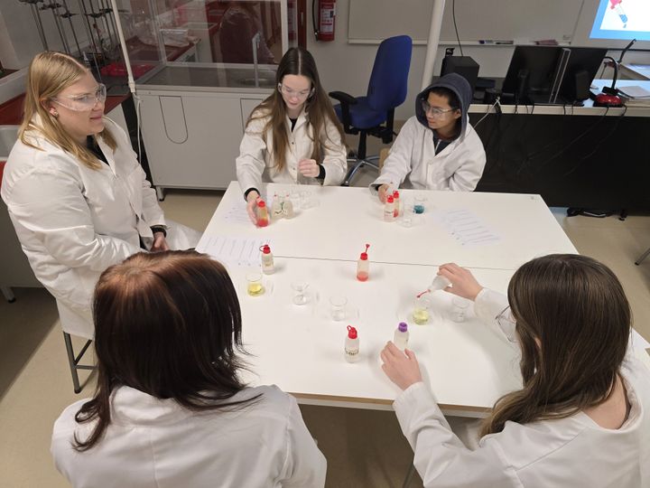 Sjätteklassarna Mai Hannula, Noora Ekholm, Laura Ekholm och Dang Phuc i Variskan yhtenäiskoulu fick testa arbetsmetoderna i STEAM-klassen, som att utforska experimentell kemi, under ledning av läraren Aino Norja.