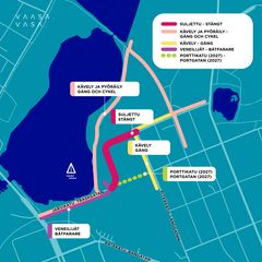 Karta som visar olika trafikregleringar i Vasa från och med 1 februari 2026, med avstängda vägar och gång/cykelbanor markerade i olika färger.