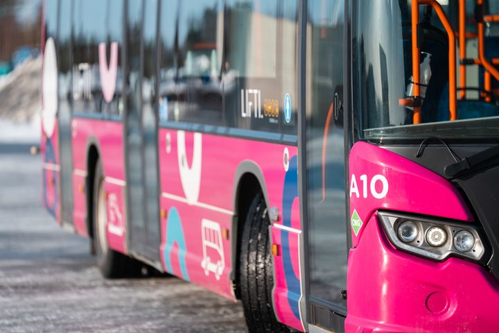 En rosa och grå buss med texten "LIFTI" på sidan står parkerad på en vintrig väg.