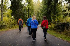Fyra personer promenerar på en skogsväg omgivna av höstlöv och träd.