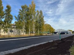 Nyasfalterad väg vid björkar och industribyggnader under blå himmel.