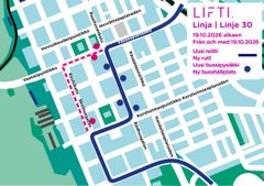 Karta över ändrad busslinje 30 i Vasa från och med 19.10.2026.