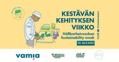 Vamian kestävän kehityksen viikon banneri. Kuvitus kokkiopiskelijasta, joka valmistaa ruokaa sadonkorjuuvihanneksista.