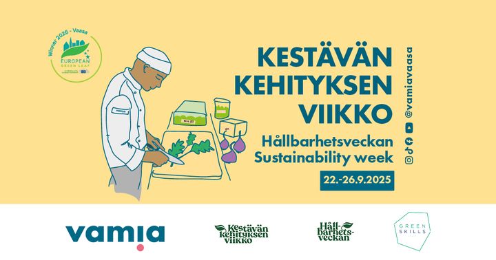 Vamian kestävän kehityksen viikon banneri. Kuvitus kokkiopiskelijasta, joka valmistaa ruokaa sadonkorjuuvihanneksista.