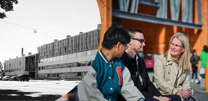 Three people sit and talk in a relaxed outdoor setting. The background is a split image of Vaasan University of Applied Sciences in black and white on the left and in color on the right.