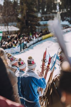 Yleisöä radan varrella seuraamassa kilpailua Salpausselän kisoissa.
