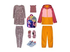 Asu 4. - Pihistä: leopardimekko ja -leggings, tekninen ulkoilutakki ja housut, tarhareppu, lenkkarit, pipo, rukkaset. Yhteensä 151,60 €.
