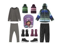 Asu 7. - Panosta: raitapaita ja -leggings, ulkoilutakki ja housut, reppu, varrelliset jalkineet, rukkaset, pampulapipo. Yhteensä 349,60 €.