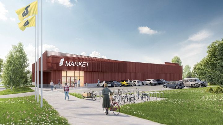 Korpilahden uuden S-marketin rakentaminen aloitetaan jo heinäkuussa 2023. Havainnekuva: Arkkitehtipalvelu.