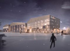 Hotellirakennuksen havainnekuva lumisessa maisemassa, yöaikaan valaistuna.