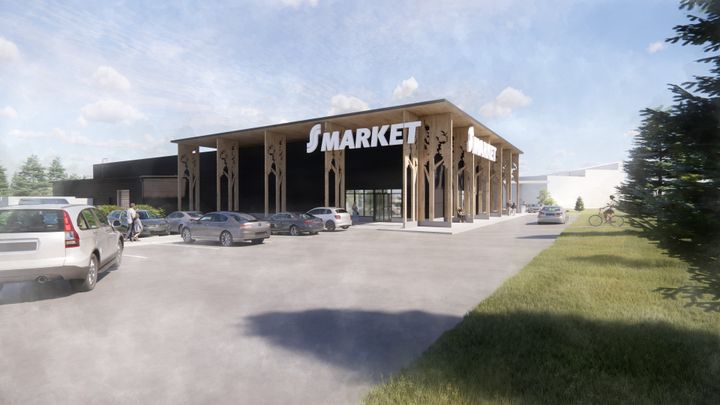 Havainnekuva uudesta S-market Pihtiputaasta, moderneja ja puisia rakenteita, pysäköintialueella autoja.